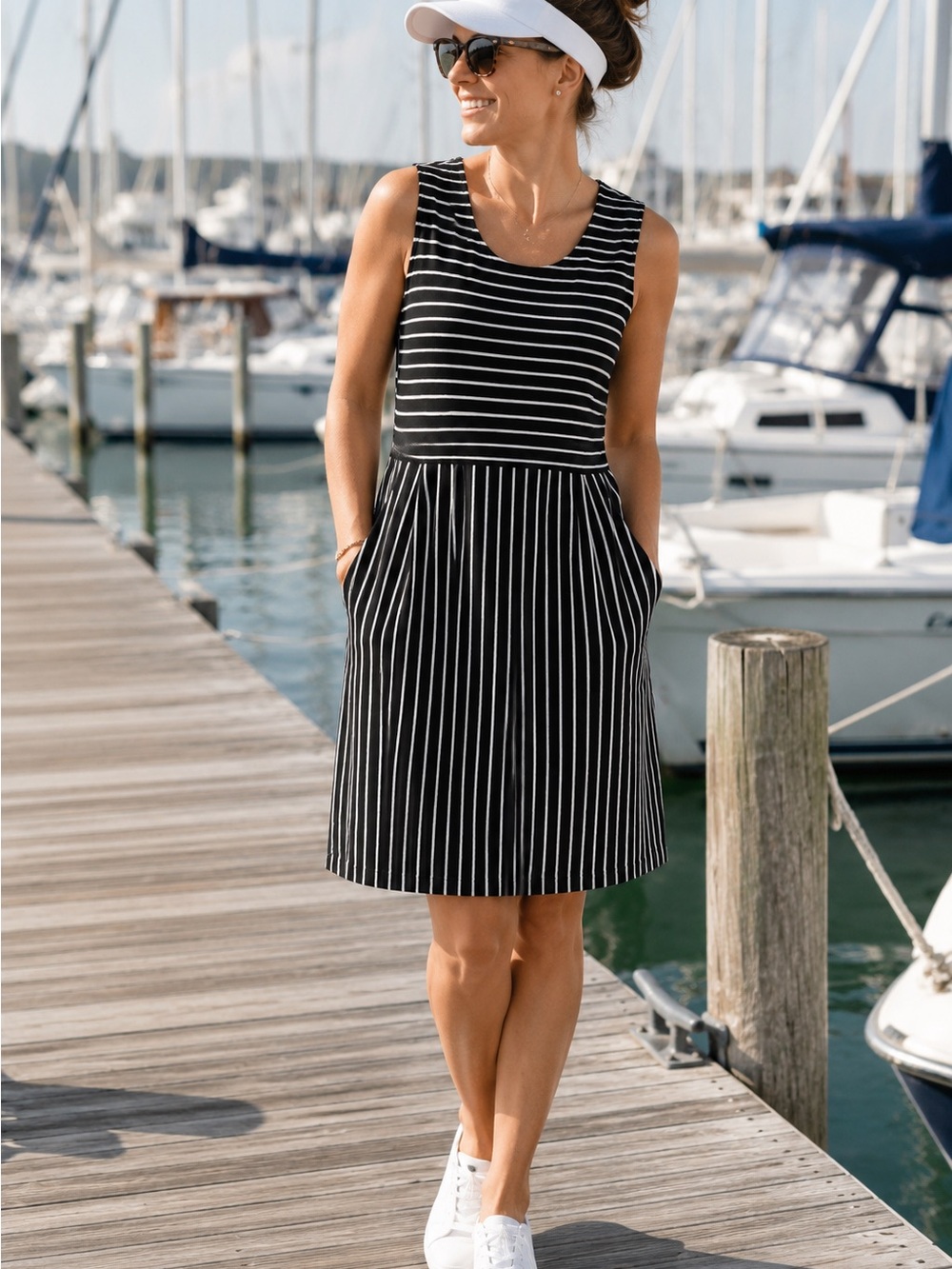 Lands’ End L/T Large Tall Black White Striped Sleeveless Dress Pockets Cotton